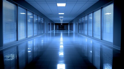Empty office hallway with blue tinted windows and reflections at night