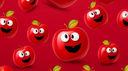 cute fruit pattern smiling apple on red background