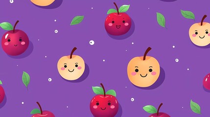 cute fruit pattern smiling apple on purple background. generative ai