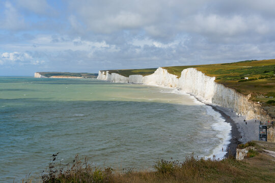 The Seven Sisters chalk cliffs from the clifftops at Birling Gap.