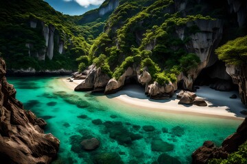 A secluded beach cove with powdery sands and crystal-clear waters, embraced by lush cliffs.