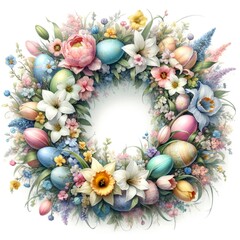 Fototapeta na wymiar An illustration of an Easter wreath with pastel colored flowers , rendered in watercolor style.