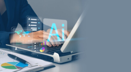AI technology Machine learning, businessman using computer write data commands, chatbot...