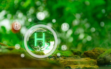 H2 hydrogen innovation concept. H2 symbol on crystal ball. Zero emissions technology. Hydrogen...