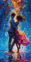 Tänzerinnen und Tänzer tanzen inmitten eines chaotischen Wirbels aus neonleuchtenden Spritzern und Pinselstrichen in einem neoexpressionistischen Bild