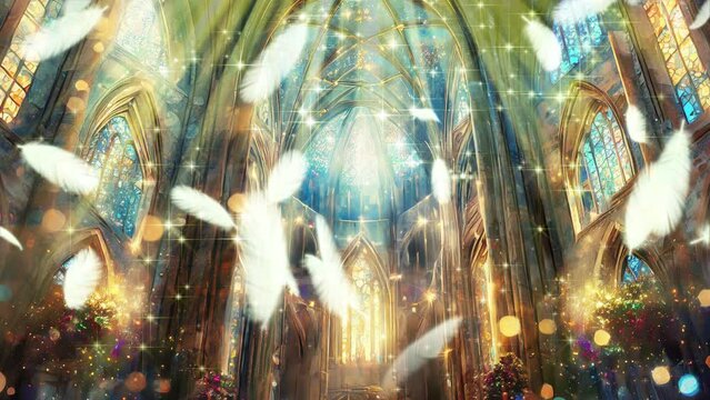 光が射しこみ羽が舞い散る水色のステンドグラスが輝く大聖堂の背景　ループ動画
