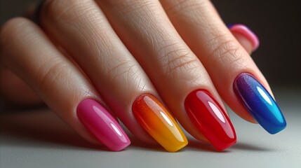 Colorful manicure on female hand, fashionable nail art design