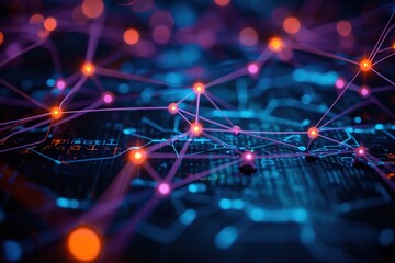 Abstract futuristic wave with colorful lines connecting dots. digital data communication background, cyber plexus design. Big data visualization.