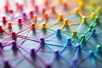 Abstract futuristic wave with colorful lines connecting dots. digital data communication background, cyber plexus design. Big data visualization.