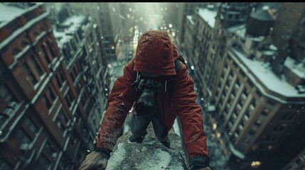 Extreme Angle Photo of a Person Leaning Over the Camera, creating a sense of height and drama, in a well-lit urban setting - obrazy, fototapety, plakaty