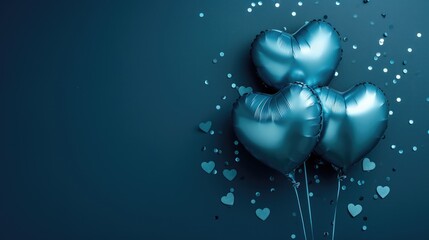 Generative AI, Foil blue balloons in heart shape and confetti for Valentine's day or wedding with copy space	
