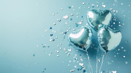 Generative AI, Foil blue balloons in heart shape and confetti for Valentine's day or wedding with copy space	
