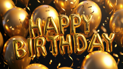 Golden inflatable foil HAPPY BIRTHDAY text, balloons background