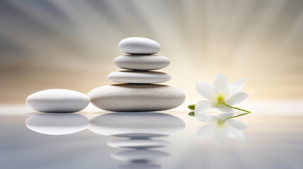 Fototapeta na wymiar Smooth stones stacked in balance, tranquility and meditation. Zen background