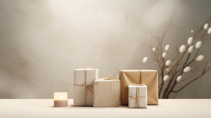 Multiple beige presents in japandi, wabi sabi style minimalist background