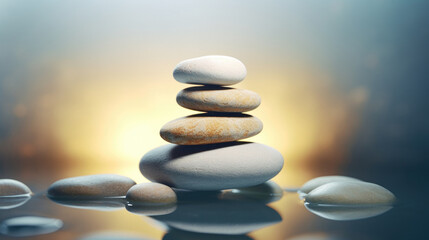 Fototapeta na wymiar Smooth stones stacked in balance, tranquility and meditation. Zen background