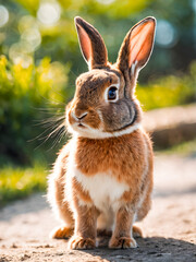 Fototapeta premium Portrait of a cute red rabbit in the garden, close-up