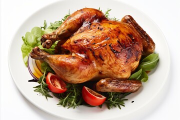 Deliciously roasted chicken with crispy skin on isolated white background   top view, above view
