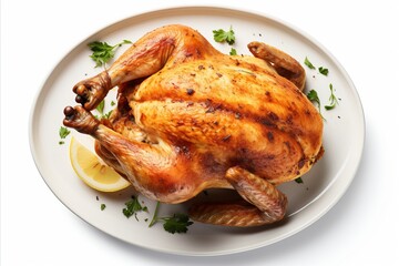 Mouthwatering roasted chicken with crispy skin on isolated white background seen from a top view