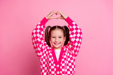 Photo of toothy beaming schoolgirl with tails dressed knit cardigan arms showing heart over head isolated on pink color background