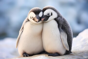 Cozy Penguins Share Embrace on Snowy Background. Reflecting Love and Support. Perfect For Valentines Day and Wildlife. AI Generated.