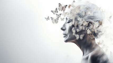 Mature woman profile with butterflies flying from head, concept of memories