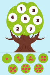 Math game for kids. Cut and stick. Count the number of apples on a tree. Educational flashcards for kids. Preschool activity pages, worksheet with cut out insert.
