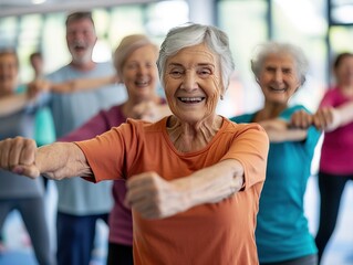 Obraz premium Active Seniors: Fitness Fun with Friends Elderly Workout Partners Celebrate Life