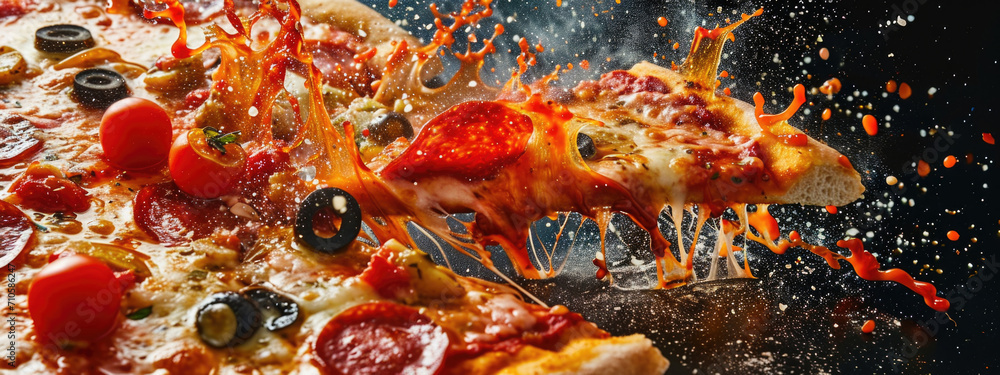 Wall mural Dramatic capture of cheese pizza slice with toppings flying mid air explosion - Wall murals