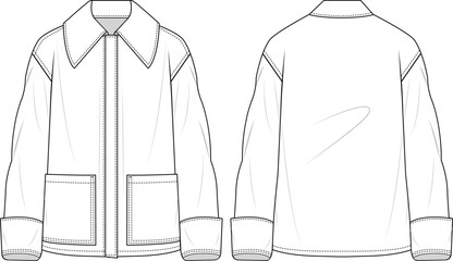 Vector template of a shirt jacket with button closure, box pocket, and front and back views. - obrazy, fototapety, plakaty