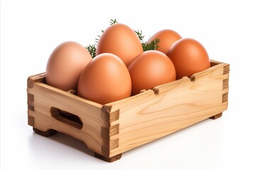 Top view of a cardboard box filled with freshly laid eggs, isolated on a clean white background