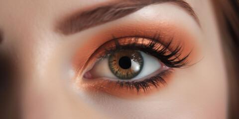 A single woman eye, featuring a blend of green and brown, is framed by peach fuzz colour eyeshadow and full lashes. The mood suits for makeup or lash extension advertisement