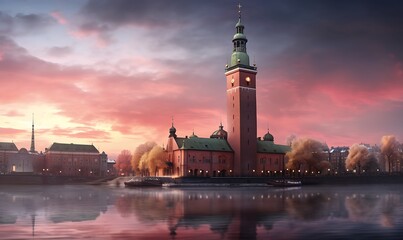 Stockholm city hall, but built in the medeival style, Photorealism, extreme detail, dusk, pink...