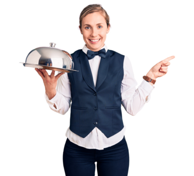 Young beautiful blonde woman wearing waitress uniform holding tray smiling happy pointing with hand and finger to the side