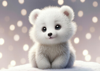 Cute white bear cub with big eyes in bokeh background - obrazy, fototapety, plakaty