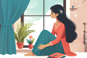 Flat illustration of a beautiful oriental girl in traditional clothes of her country, sitting on a carpet near an window