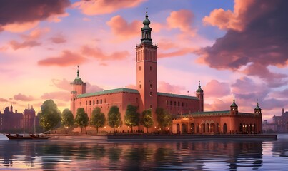 Obraz premium Stockholm city hall, but built in the medeival style, Photorealism, extreme detail, dusk, pink skies. Generative Ai