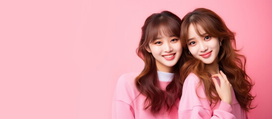 Portrait of two beautiful Asian girls on pink background. Young attractive Japanese women with long hair smile and look at the camera. Cosmetology, beauty, fashion
