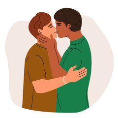 Male gay couple in love. Interracial homosexual couple. Love concept. Lgbtq people in romantic relationships.Two happy men hugging, kissing. Pride month. Men embrace each other. Vector illustration.