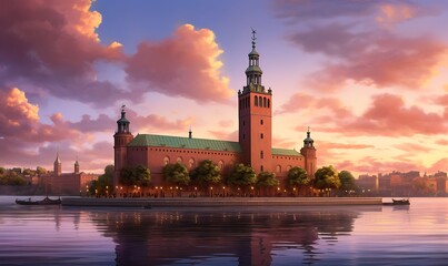 Fototapeta premium Stockholm city hall, but built in the medeival style, Photorealism, extreme detail, dusk, pink skies. Generative Ai