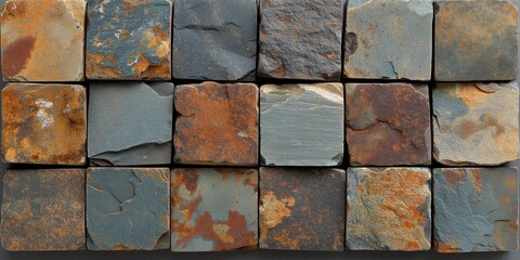 Rustic aged stone tiles with distinctive rust patterns for background