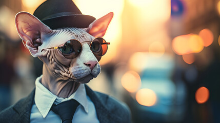Sphynx cat breed wearing sunglasses a hat and a business suit in a busy street. Bokeh background. Close up - obrazy, fototapety, plakaty