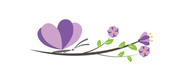 Butterfly on a Blossoming Tree Branch Flat Style. Nature and wildlife concept vector art
