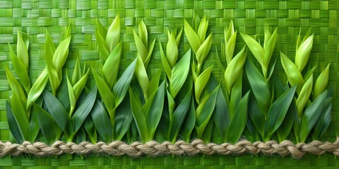 Green leaves emerging from woven background with twine