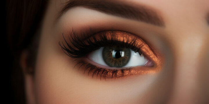 One dark brown woman eye with glittering copper eyeshadow and voluminous lashes. The image's dramatic effect is ideal for makeup tutorials or cosmetic marketing, eyelash extensions