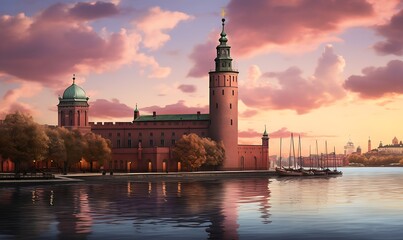 Obraz premium Stockholm city hall, but built in the medeival style, Photorealism, extreme detail, dusk, pink skies. Generative Ai