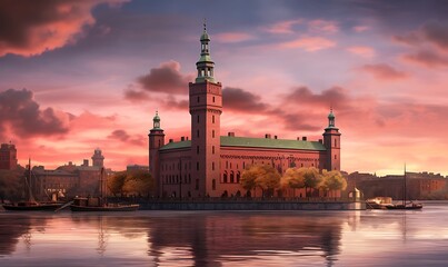 Fototapeta premium Stockholm city hall, but built in the medeival style, Photorealism, extreme detail, dusk, pink skies. Generative Ai