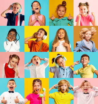 Collage. Emotional little boys and girls, children expressing positive emotions, listening to music, laughing, having fun over multicolored background. Concept of childhood, emotions, lifestyle