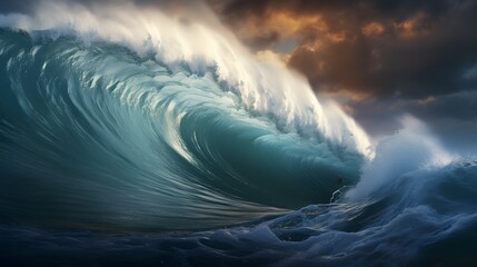 A Surfer Riding a Massive Wave at Sunset