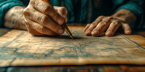 Senior hands writing on an ancient map with a fountain pen